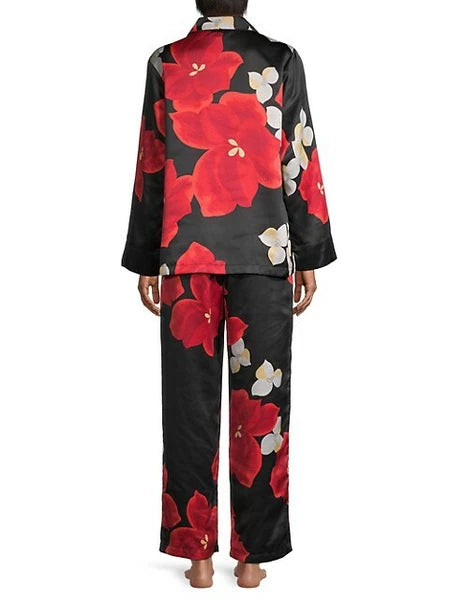 Natori Floral Print Silky Pajama Set Black + Red Size Large ($180) NWT
