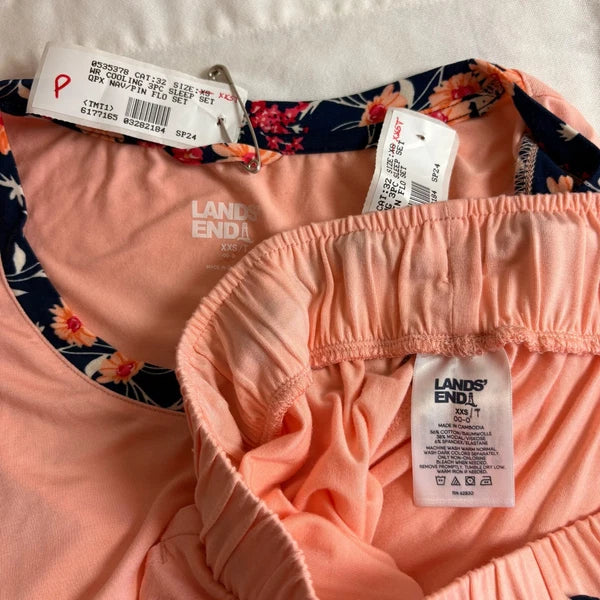 Lands' End XXS Tall ~ Navy Pink Floral Pajama Cooling 3 Piece Set -PR-NWOT *Read