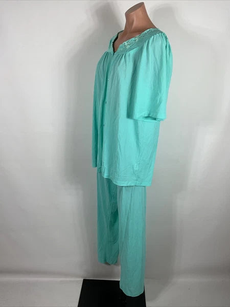 Miss Elaine Classics 2 Piece Teal Blue Nylon Pajama Set Women's Size L Silky