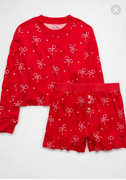 American Eagle Bow Plush PJ Pajama Set Women Medium Shirt & Shorts Red NWT