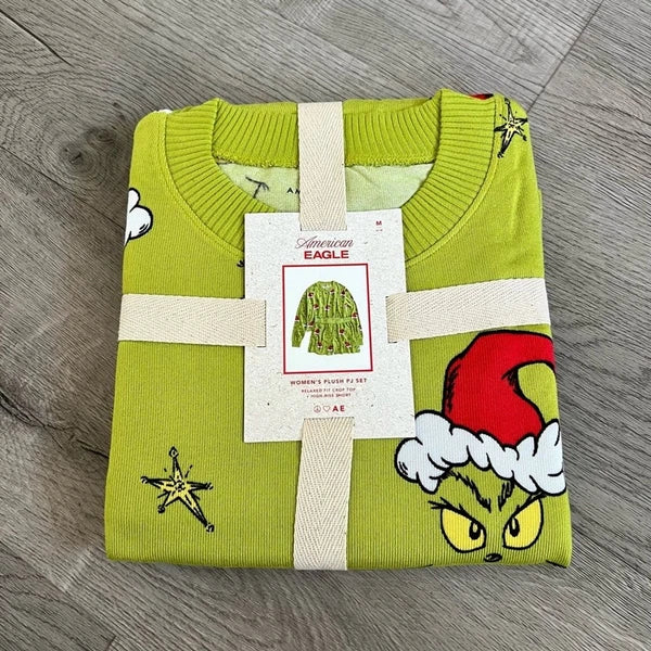 American Eagle AE-Grinch Christmas Pajamas PJ’s Shorts Set-Green-Super Soft Med