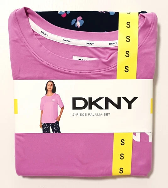 NWT DKNY Ladies' 2-piece Pajama Set Size Small Purple & Navy Soft Tee/Crop Pants