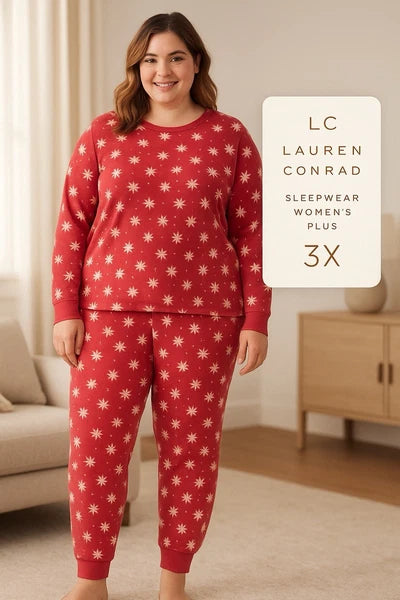 3X Hot Pink Snowflake Pajama Set Knit Brushed Fleece Loungewear Winter